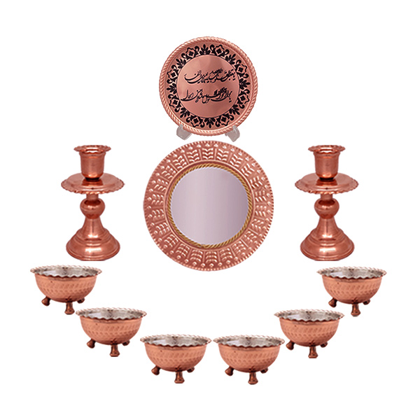 مجموعه 7 سین با پیاله های سه پایه و آینه شمعدان به همراه تابلو دعای سال تحویل