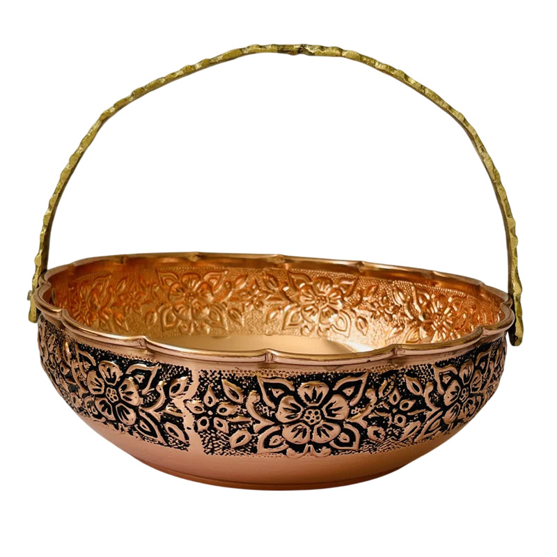 سبد میوه خوری مسی لب چین دسته دار قلم زنی