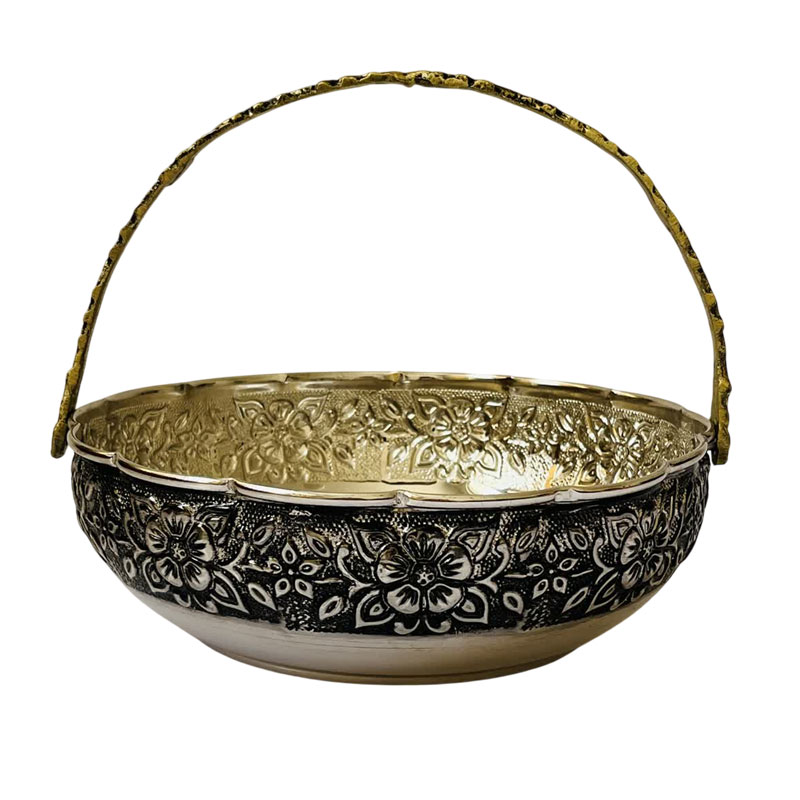 سبد میوه خوری مسی کروم لب چین قلم زنی دسته دار